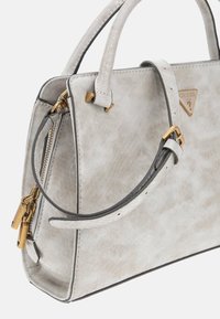 Gray textured leather handbag with a structured shape, gold-tone hardware, dual handles, and a detachable shoulder strap.