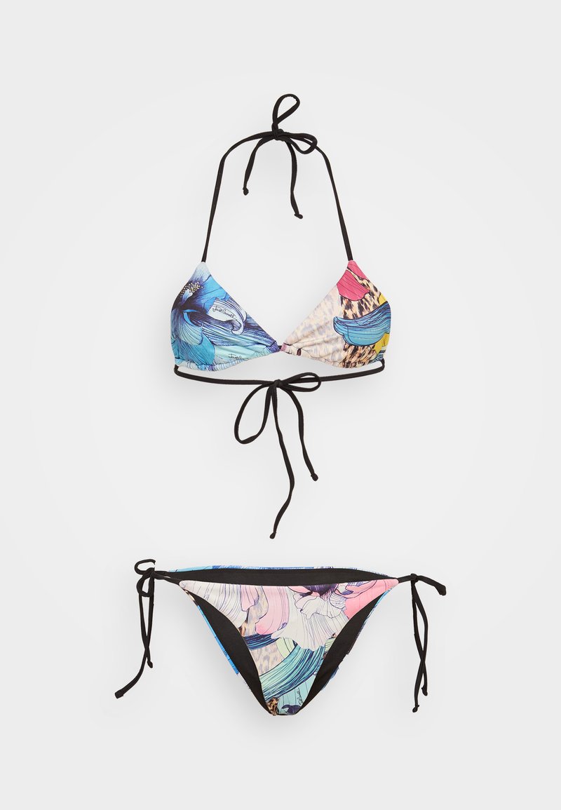 Bikini set with a colorful floral print on a black background. Ties at neck and sides. Material appears smooth and stretchy.