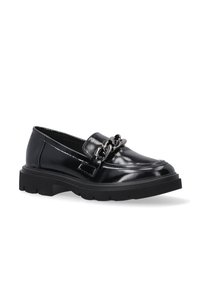 Schwarze Lackleder-Loafers mit einer stabilen schwarzen Sohle, die vorne mit einem metallischen Kettenakzent und gestickten Details versehen sind.