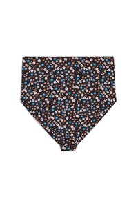 Aukšto liemens bikini kelnaitės tamsios medžiagos, su gėlių raštu, kuriame išsibarsčiusios rožinės, mėlynos ir oranžinės gėlės.