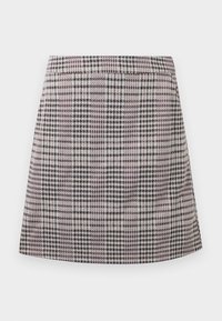 Rutet mini-skørt i nuancer af lilla, sort og hvid, med elastisk talje og lige skæring samt en glat overflade.