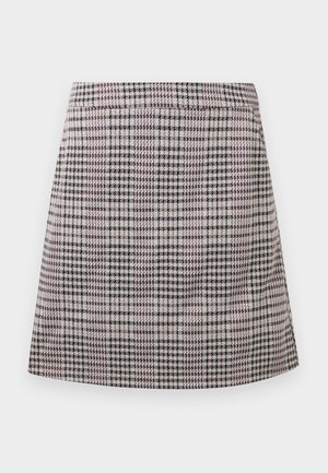 Geruite mini-jurk in tinten paars, zwart en wit, met een elastische tailleband en een rechtmodel ontwerp met een gladde textuur.