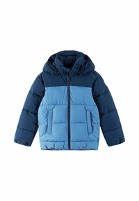 Giacca imbottita blu con cappuccio, con una parte superiore blu scuro, una parte inferiore blu chiaro, due tasche frontali e una zip frontale.