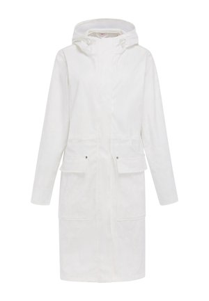 Lungo cappotto bianco con cappuccio, due tasche con pattina sul davanti, maniche lunghe e taglio dritto.