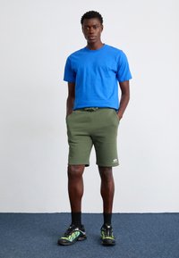 T-shirt de algodão azul combinado com calções verdes-azeitona. Os calções apresentam um cós com cordão, bolsos laterais e um detalhe de logotipo branco. Ténis pretos e verdes.