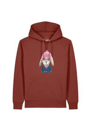 Rostfarbener Hoodie mit Fronttasche und Grafik eines Hasen, der rote Brillen, eine pinke Strickmütze und eine blaue Jacke trägt.