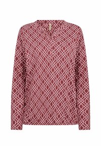 Dlhý rukáv košele v bordovej farbe s bielym geometrickým vzorom. Má golierový výstrih a voľný strih s hladkou textúrou.