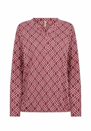 Pika varrukaga särk burgundiapunases värvitoonis, millel on valge geomeetriline muster. Omab kraega kaelust ja lõdvestunud istuvust, pehme tekstuuriga.