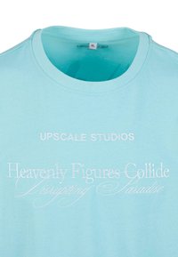 Lyseblå bomull T-skjorte med rund hals. Inneholder hvit brodert tekst: "UPSCALE STUDIOS" og "Heavenly Figures Collide Disrupting Paradise."