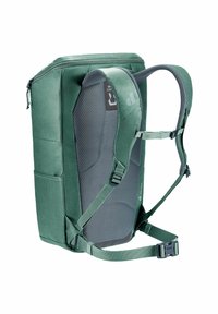 Zaino rettangolare verde con pannello posteriore in rete grigia imbottita, spallacci regolabili e fibbia per cinghia sul petto.