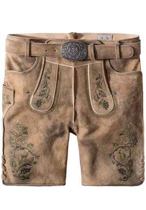 Pantalones cortos de cuero marrón con patrones florales bordados en verde. Presenta una hebilla de cinturón plateada y bolsillos adicionales en los laterales.