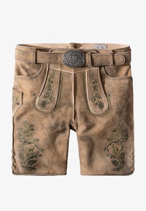 Braune Lederhosen mit grünen gestickten Blumenmustern. Mit einer silbernen Gürtelschnalle und zusätzlichen Taschen an den Seiten.