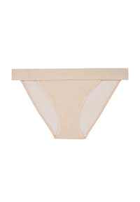 Beżowe majtki z mieszanki bawełny z szerokim elastycznym pasem, z przezroczystymi bocznymi panelami i bezszwowym krojem.
