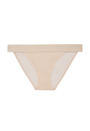 Beige katoenen mix slipje met een brede elastische tailleband, voorzien van doorschijnende zijpanelen en een naadloos ontwerp.