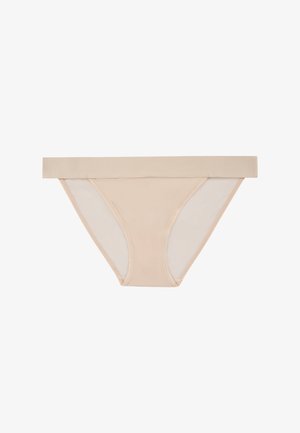 Beige katoenen mix slipje met een brede elastische tailleband, voorzien van doorschijnende zijpanelen en een naadloos ontwerp.