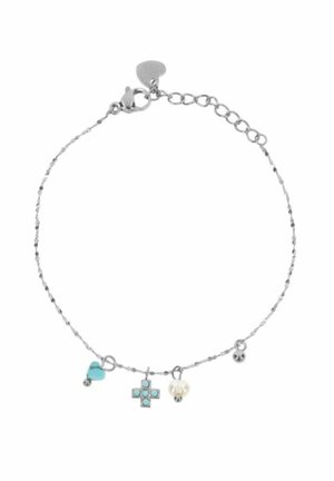 Bracciale a catena d'argento con un cuore blu, croce turchese, ciondoli di perle bianche e chiusura regolabile con targhetta a forma di cuore.