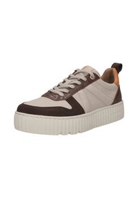 Sneaker in Beige, Braun und Tan Leder mit strukturierten Akzenten; runde, erhöhte Sohle; flache Schnürsenkel; Zuglasche hinten für einfaches An- und Ausziehen.