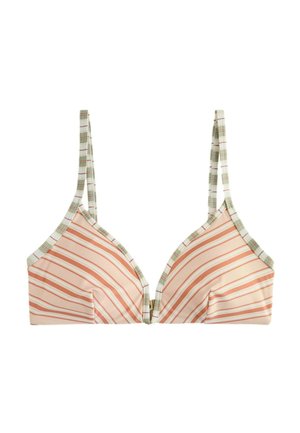 Trojuholníkový vrchný diel bikin s ružovo-bielymi diagonálnymi pruhmi, zeleným kockovaným lemovaním a tenkými nastaviteľnými ramienkami.