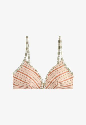 Trekantet bikinitop med pink og hvide diagonale striber, grønternede kanter og tynde, justerbare skulderstropper.