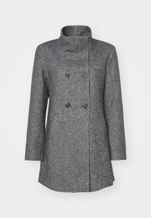 Gray wool blend coat with a high collar, double-breasted front, two large buttons, and long sleeves. Textured fabric with a subtle pattern.