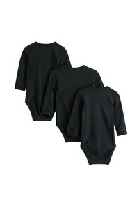 Set of three black long-sleeve bodysuits, made from soft material, featuring round necklines and snap closures at the bottom.