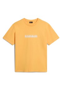 Geel katoenen T-shirt met een ronde hals en korte mouwen, met een witte bedrukte logo die "NAPAPIJRI geographic" zegt.