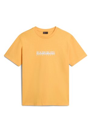 Yellow cotton T-shirt with a crew neckline and short sleeves, featuring a white printed logo reading "NAPAPIJRI geographic."