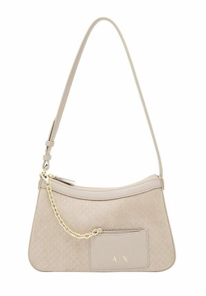 Borsa a tracolla beige con texture, dettaglio catena dorata e tasca frontale con logo "A|X" in rilievo, dotata di chiusura superiore con zip.