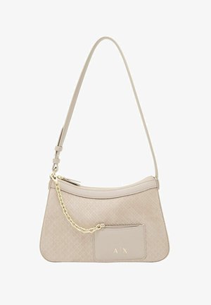 Sac à bandoulière beige texturé avec détail de chaîne dorée et poche avant gaufrée avec le logo « A|X », doté d'une fermeture éclair sur le dessus.