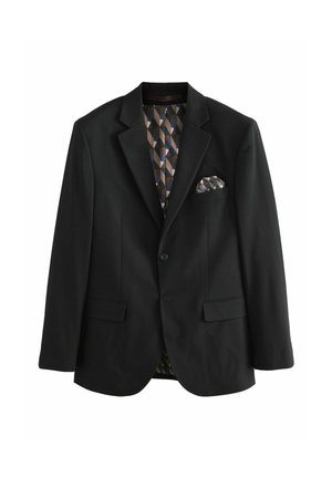 Schwarzer Blazer mit Reverskragen, Ein-Knopf-Verschluss und zwei vorderen Taschen. Geometrisch gemustertes Futter in Braun und Blau.