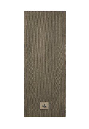 Brown knit scarf with vertical ribbing and a small rectangular Calvin Klein logo patch near one end.