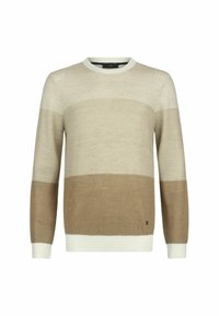 Lekki sweter dzianinowy o teksturowanym wzorze, z beżowymi i tanowymi poziomymi paskami. Okrągły dekolt i ściągacze przy rękawach.