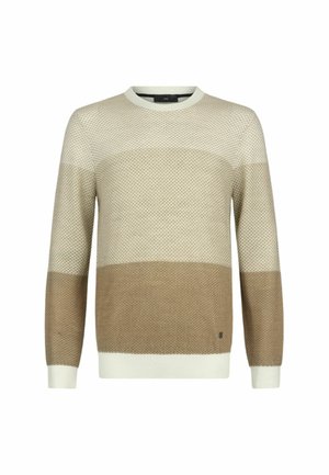 Leichter Strickpullover mit einem strukturierten Muster, mit beigen und sandfarbenen horizontalen Streifen. Rundhalsausschnitt und gerippte Bündchen.