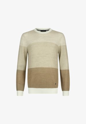 Maglione leggero a maglia con un motivo testurizzato, caratterizzato da righe orizzontali beige e marroni. Collo a giro e polsini a coste.