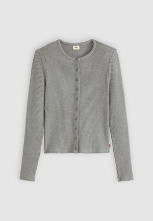 Grauer gerippter Cardigan mit langen Ärmeln, rundem Halsausschnitt und Knopfleiste. Weiche Textur mit tailliertem Schnitt und subtiler Markenkennzeichnung.