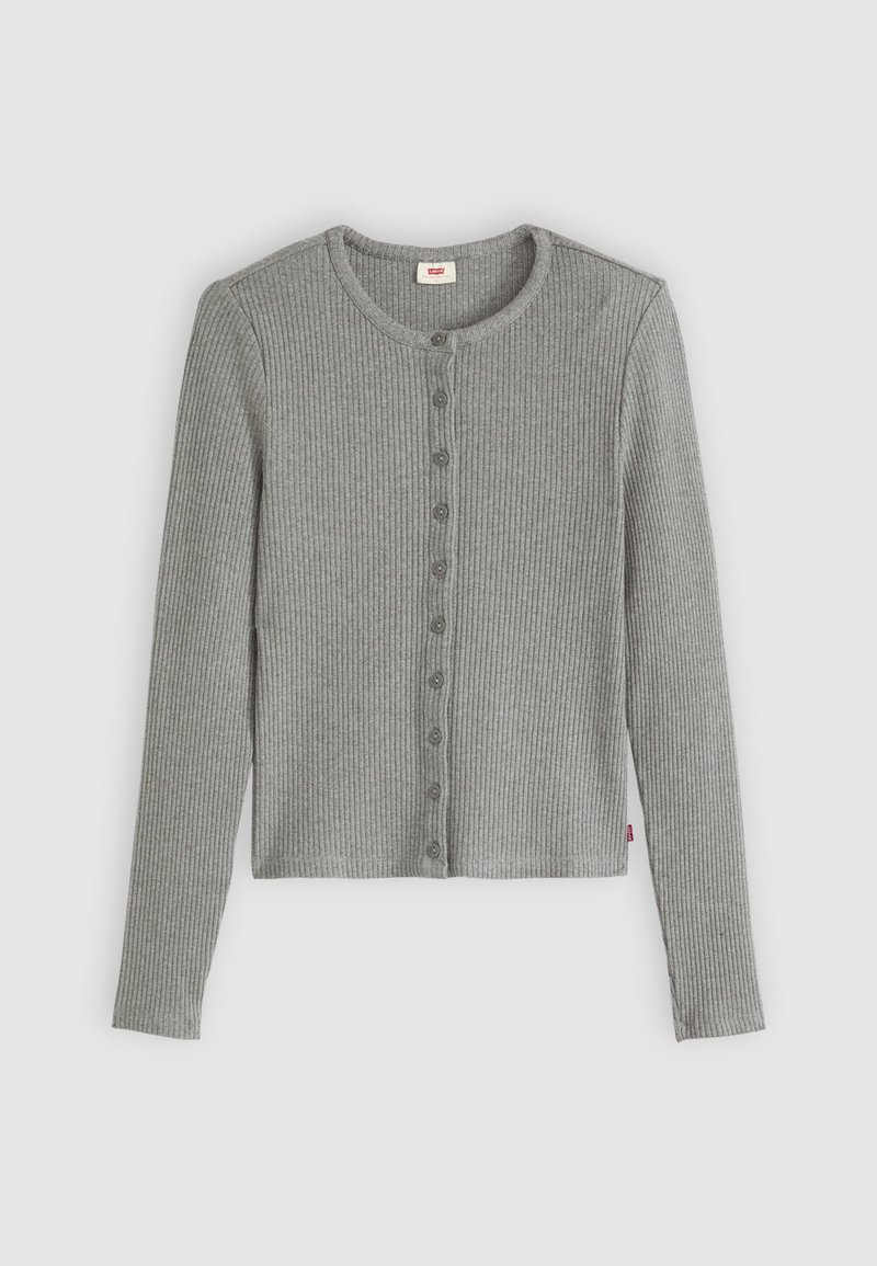 Grauer gerippter Cardigan mit langen Ärmeln, rundem Halsausschnitt und Knopfleiste. Weiche Textur mit tailliertem Schnitt und subtiler Markenkennzeichnung.