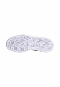 Suela de zapato de goma blanca con un patrón de espiga, con un logo en relieve y bordes curvados, diseñada para ofrecer agarre y tracción.