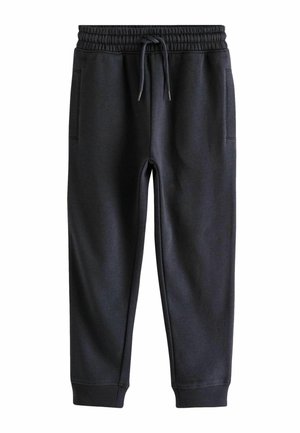 Pantalon de jogging noir avec taille élastique, cordon de serrage, poches latérales et poignets côtelés aux chevilles sur fond blanc.