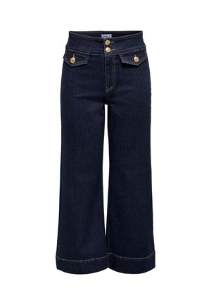 Tumši zili plataji džinsi ar augsto jostas daļu, dubultu pogu aizdari un priekšpusē zelta krāsas pogām aiztaisāmiem flīsa kabatām.