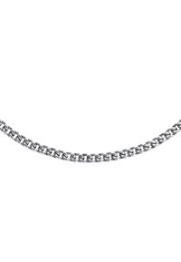 Silberne Kettenhalskette mit ineinandergreifenden Gliedern, polierte Oberfläche, runde Form, glatte Textur, mit einem stabilen Verschluss.