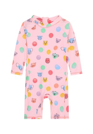 Rosa Baby-Strampler mit langen Ärmeln, versehen mit bunten Punkten und niedlichen Tiergesichtern, darunter Elefant, Löwe, Katze, Bär und Koala.