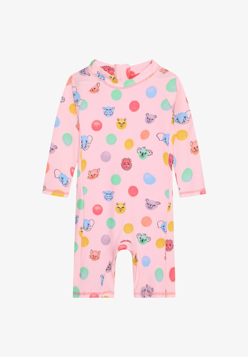 Grenouillère rose à manches longues pour bébé avec des pois colorés et des visages d'animaux dessinés, dont un éléphant, un lion, un chat, un ours et un koala.