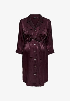 Burgunderfarbendes Satin-Kleid mit langen Ärmeln, einer durchgehenden Knopfleiste, zwei Brusttaschen und einem gebundenen Gürtel in der Taille für eine verstellbare Passform.