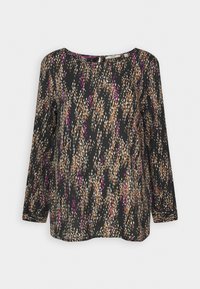 Blusa a maniche lunghe in tessuto leggero con base nera, caratterizzata da un motivo a pois multicolore in arancione, bianco, rosa e viola. Collo rotondo.