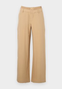 Μπεζ παντελόνι με ρίγες, ελαστική μέση, θηλιές για ζώνη, κλείσιμο με κουμπί και ίσια γραμμή στο πόδι.