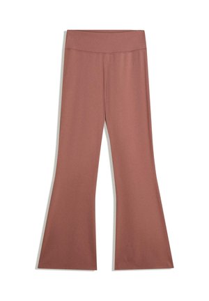 Pantaloni maro cu talie înaltă, cu picior larg, având o textură netedă și detalii de cusătură minime vizibile pe talie și în față.