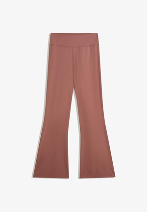 Bruine high-waisted, wijde broek met een zachte textuur en minimale stikdetails zichtbaar op de tailleband en aan de voorkant.