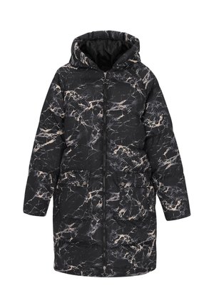 Czarna kurtka puchowa z kapturem w marmurkowy wzór w odcieniach beżu i kremu, z zamkiem błyskawicznym oraz dwiema przednimi kieszeniami.
