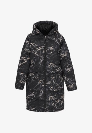 Czarna kurtka puchowa z kapturem w marmurkowy wzór w odcieniach beżu i kremu, z zamkiem błyskawicznym oraz dwiema przednimi kieszeniami.