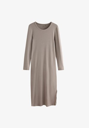 Langärmeliges, geripptes Kleid in einem hellen Taupe-Ton, mit Rundhalsausschnitt und seitlichen Schlitzen für mehr Bewegungsfreiheit.